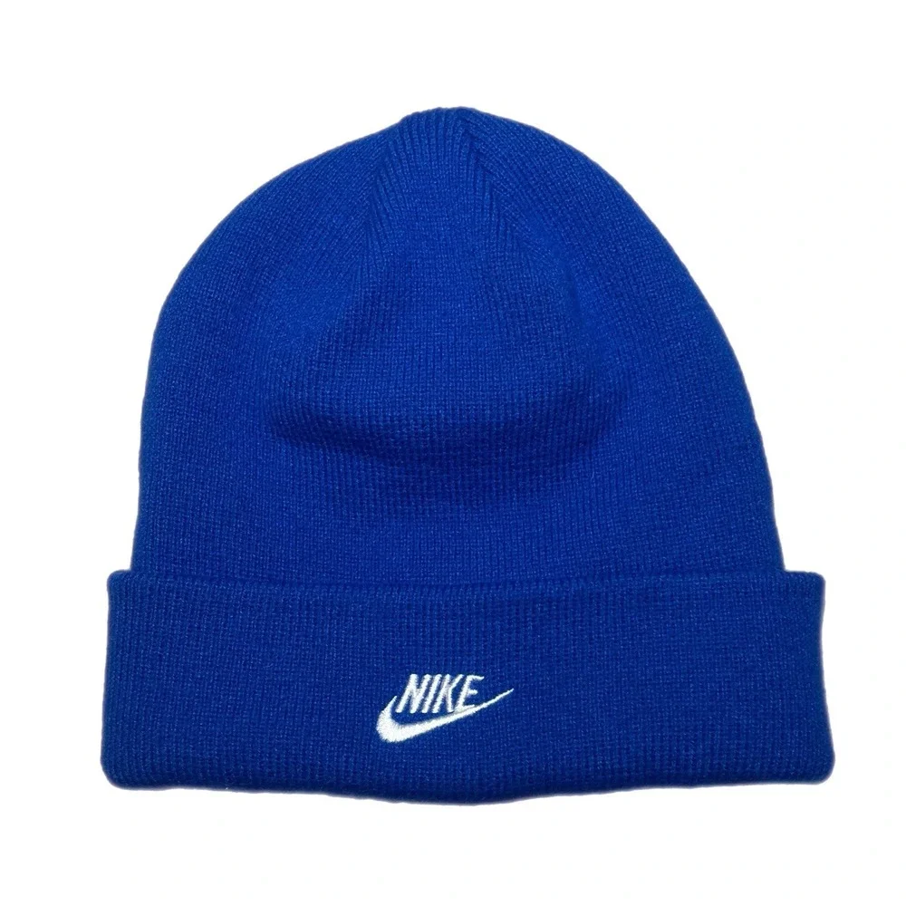 Youth Nike Embroidered Swoosh Logo Blue Acrylic Cuffed Beanie Knit‎ Hat Cap